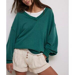 We The Free Venice V-Neck Sweatshirt Pine Green Oversized Slouchy